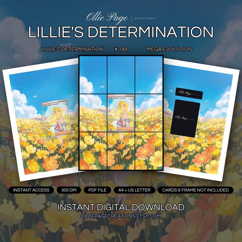 Lillie's Determination 184/132 collector bundle — extended binder page plus 8x10 full-art and PSA framed prints in a Vibrant field of yellow