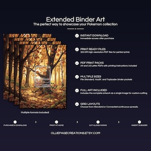 Product feature overview for Dedenne extended binder art — 300 DPI print-ready files, multiple sizes and grid layouts, instant digital download