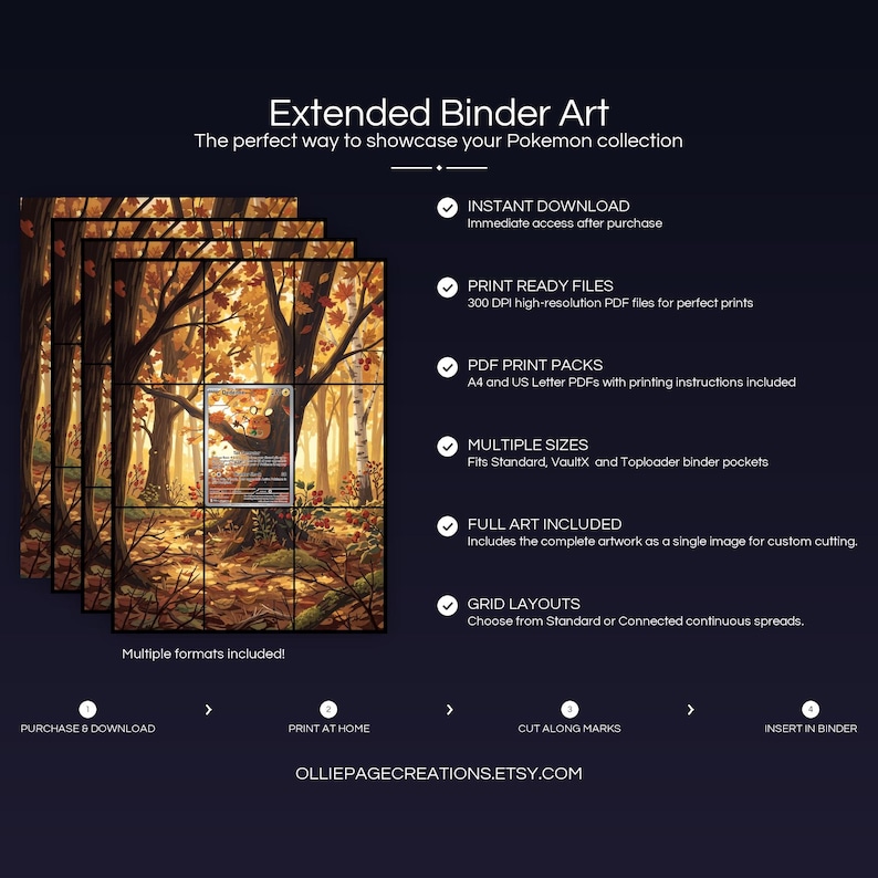 Product feature overview for Dedenne extended binder art — 300 DPI print-ready files, multiple sizes and grid layouts, instant digital download
