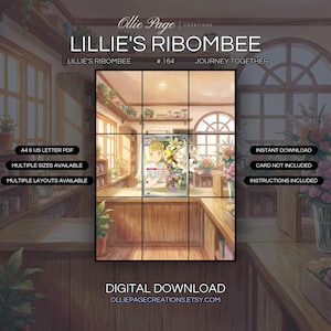 Lillie's Ribombee 164/159 extended art binder page in a Warm, sunlit flower shop interior featuring wooden shelves, potted plants, glass vases with blooms, arched windows, and golden afternoon lighting throughout., printable 9-pocket TCG display insert by Ollie Page Creations