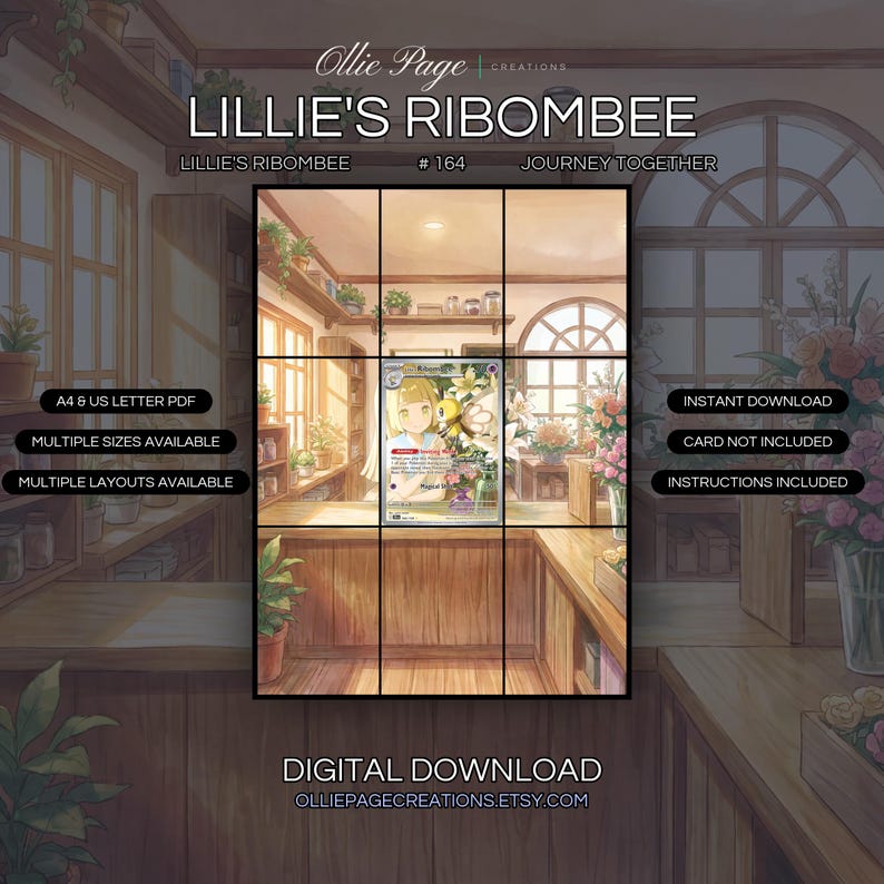 Lillie's Ribombee 164/159 extended art binder page in a Warm, sunlit flower shop interior featuring wooden shelves, potted plants, glass vases with blooms, arched windows, and golden afternoon lighting throughout., printable 9-pocket TCG display insert by Ollie Page Creations
