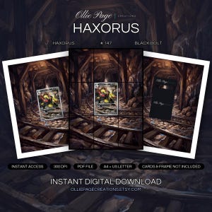 Haxorus 147/086 collector bundle — extended binder page plus 8x10 full-art and PSA framed prints in a Atmospheric underground mine tunnel with wooden support beams, rocky stone walls, railroad tracks, warm golden lighting, and industrial decay creating a moody cavern environment., printable digital download by Ollie Page Creations