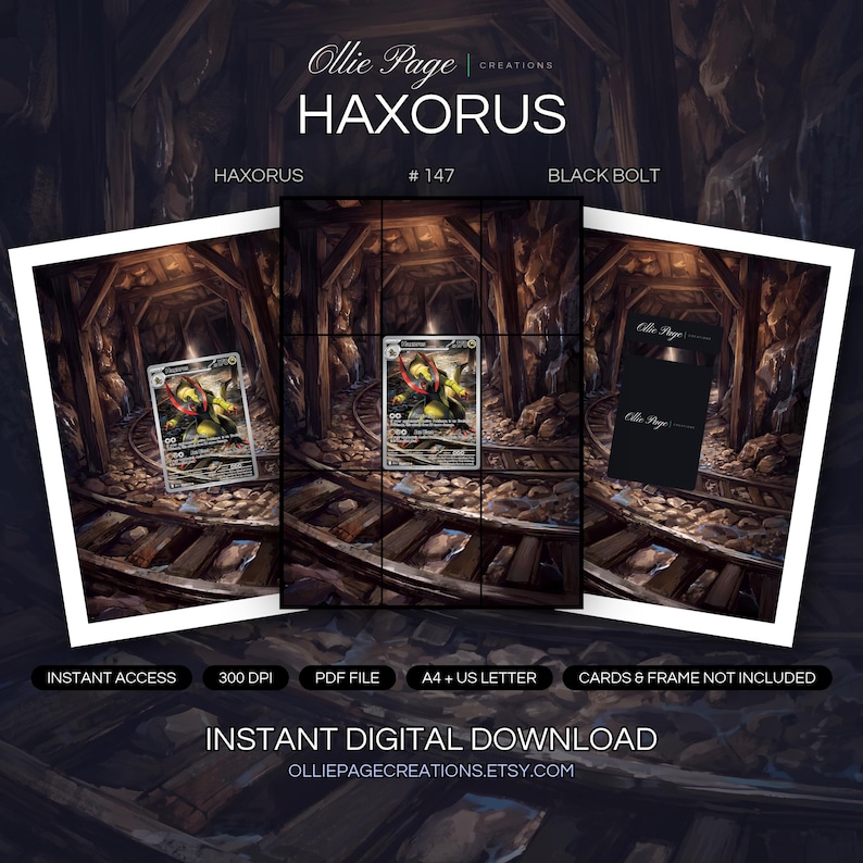 Haxorus 147/086 collector bundle — extended binder page plus 8x10 full-art and PSA framed prints in a Atmospheric underground mine tunnel with wooden support beams, rocky stone walls, railroad tracks, warm golden lighting, and industrial decay creating a moody cavern environment., printable digital download by Ollie Page Creations