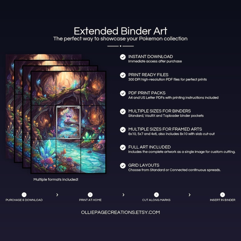 Collector bundle feature overview for Noibat extended binder art — binder page grids plus 8x10, 5x7, 4x6 and PSA-style framed prints, 300 DPI instant digital download