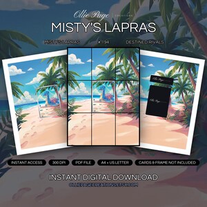 Misty's Lapras 194/182 collector bundle — extended binder page plus 8x10 full-art and PSA framed prints in a Vibrant tropical beach scene with turquoise ocean, white sandy shore, palm trees, fluffy clouds, and bright blue sky creating a serene, idyllic coastal atmosphere., printable digital download by Ollie Page Creations