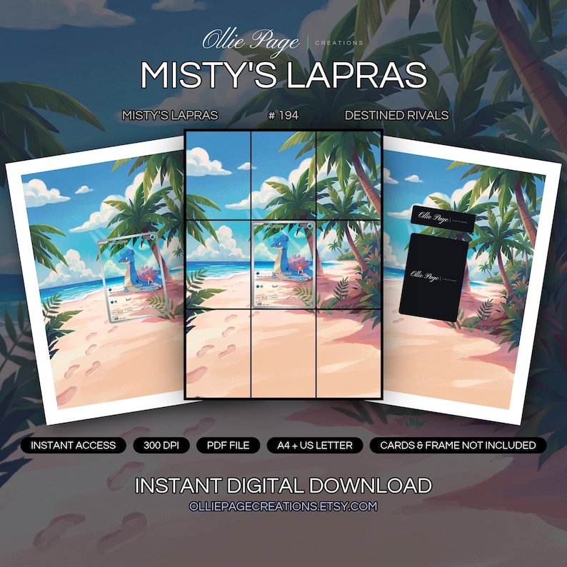 Misty's Lapras 194/182 collector bundle — extended binder page plus 8x10 full-art and PSA framed prints in a Vibrant tropical beach scene with turquoise ocean, white sandy shore, palm trees, fluffy clouds, and bright blue sky creating a serene, idyllic coastal atmosphere., printable digital download by Ollie Page Creations