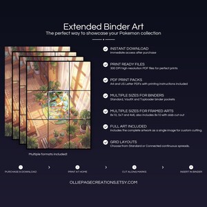 Collector bundle feature overview for Eevee extended binder art — binder page grids plus 8x10, 5x7, 4x6 and PSA-style framed prints, 300 DPI instant digital download