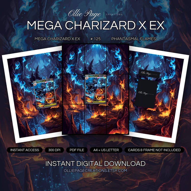 Mega Charizard X EX 125/094 collector bundle — extended binder page plus 8x10 full-art and PSA framed prints in a Dramatic underground cavern with glowing blue ethereal flames