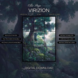 Virizion 095/086 extended art binder page in a Atmospheric forest landscape with towering ancient tree, lush emerald foliage, dappled sunlight filtering through canopy, misty woodland backdrop, vibrant green vegetation and undergrowth., printable 9-p