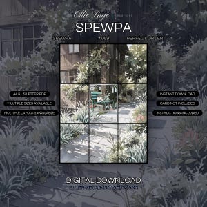 Può includere: Un download digitale che presenta un'illustrazione a griglia di una scena da giardino con una panchina verde e fogliame rigoglioso. Il testo recita Ollie Page Creations, SPEWPA, # 089, PERFECT ORDER, A4 & US LETTER PDF e DIGITAL DOWNLOAD.