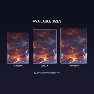 Katress extended binder art size guide showing Standard, Vault X, and Top Loader printable card sleeve dimensions