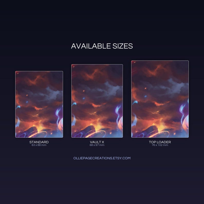 Katress extended binder art size guide showing Standard, Vault X, and Top Loader printable card sleeve dimensions