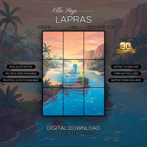 May include: A digital download featuring a Lapras trading card centered within a grid overlay. The background displays a tropical beach scene at sunset with palm trees and cliffs. Text includes Ollie Page Creations, Lapras #131, 30th Celebration, and digital download details.