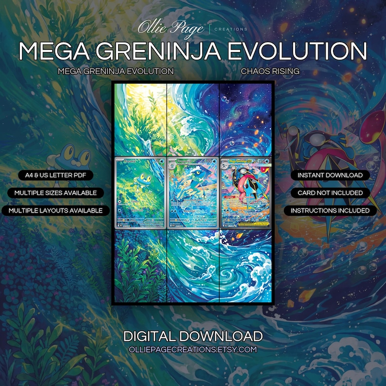Mega Greninja Evolution 88 + 89 + 116 extended art binder page in a Vibrant underwater and celestial landscape featuring bioluminescent waters, swirling cosmic energy, lush aquatic plants, and a dynamic gradient from golden sunlight to deep purple starry skies., printable 9-pocket TCG display insert by Ollie Page Creations