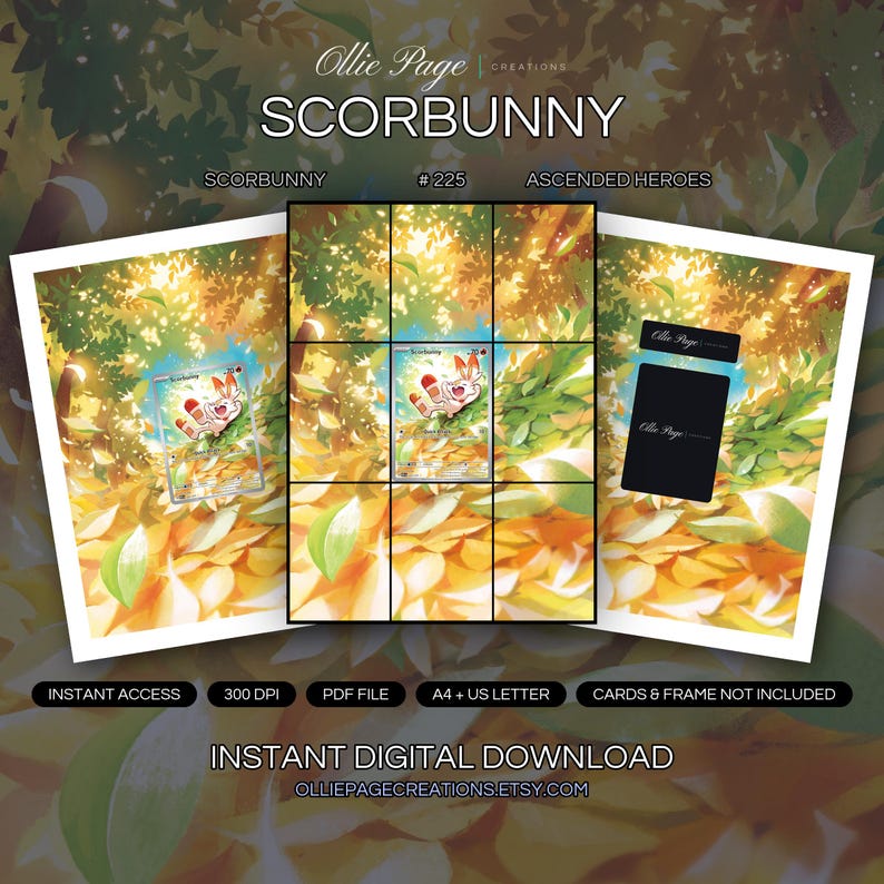 Scorbunny 225/217 collector bundle — extended binder page plus 8x10 full-art and PSA framed prints in a Vibrant autumn foliage canopy with golden sunlight filtering through layered leaves
