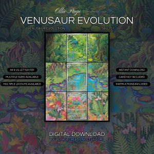 Venusaur Evolution 166 + 167 + 198 extended art binder page in a Vibrant jungle wetland landscape with lush green foliage, blue water features, and bright tropical flowers in warm, colorful lighting., printable 9-pocket TCG display insert by Ollie Page Creations