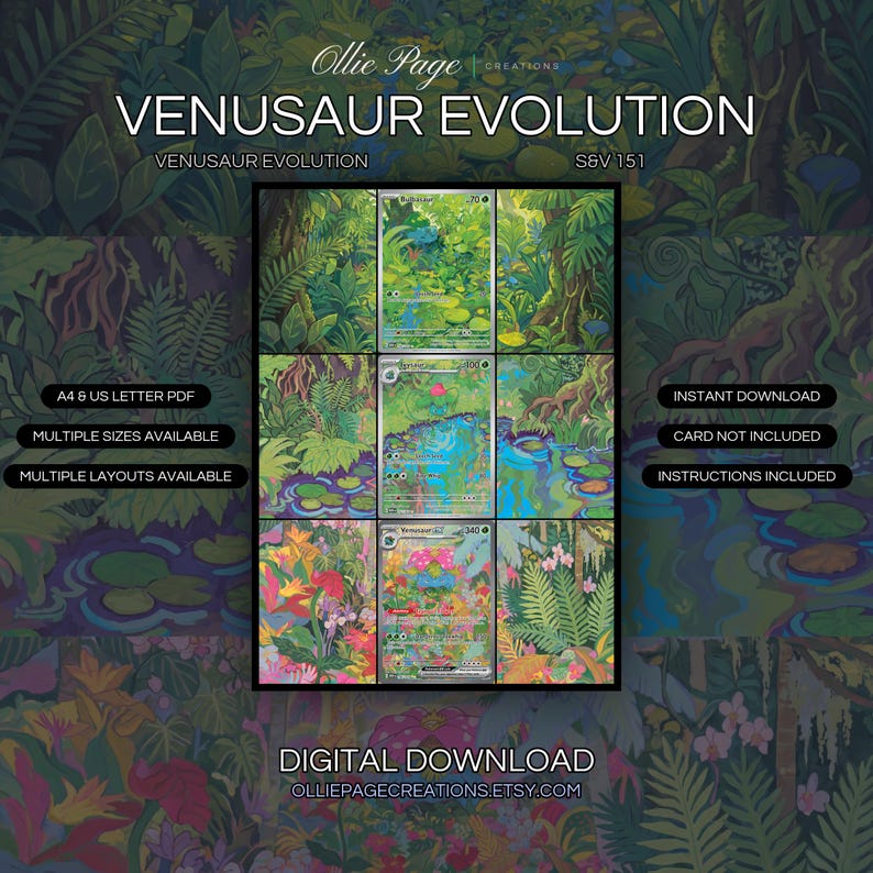 Venusaur Evolution 166 + 167 + 198 extended art binder page in a Vibrant jungle wetland landscape with lush green foliage, blue water features, and bright tropical flowers in warm, colorful lighting., printable 9-pocket TCG display insert by Ollie Page Creations