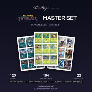 Può includere: Un set master digitale di carte collezionabili intitolato Mega Evolution Pitch Black, con 120 carte, 194 spazi stampabili e 22 pagine. L'immagine mostra tre fogli di carte colorate con icone di aggiornamento circolari su uno sfondo scuro.