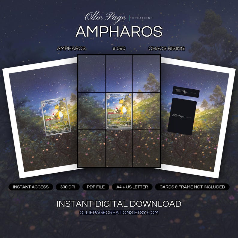 Ampharos 090/086 collector bundle — extended binder page plus 8x10 full-art and PSA framed prints in a Enchanted twilight meadow with vibrant wildflowers