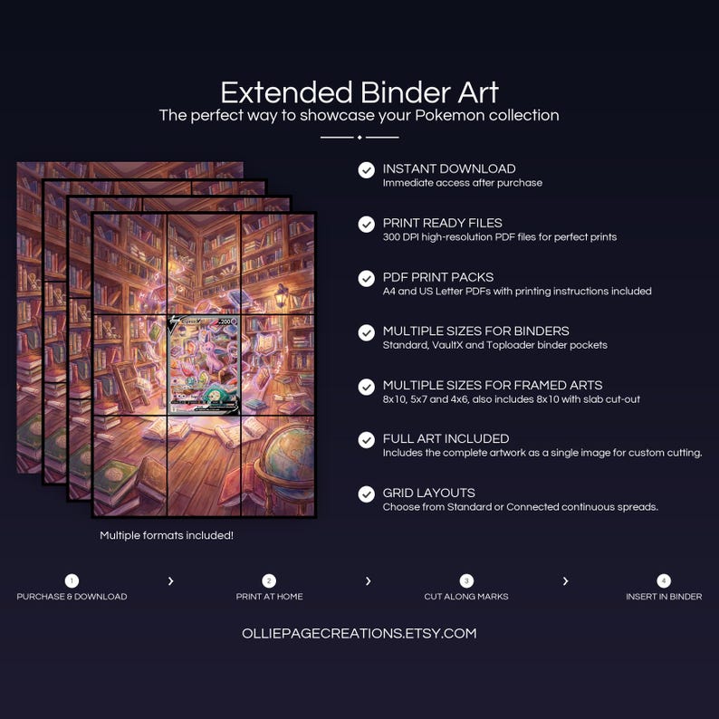 Collector bundle feature overview for Espeon V extended binder art — binder page grids plus 8x10, 5x7, 4x6 and PSA-style framed prints, 300 DPI instant digital download