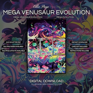 Mega Venusaur Evolution 133 + 134 + 177 extended art binder page in a Vibrant neon garden with swirling baroque ornaments