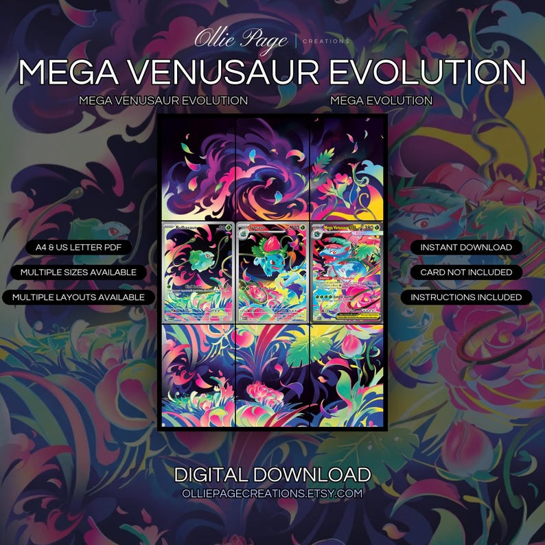Mega Venusaur Evolution 133 + 134 + 177 extended art binder page in a Vibrant neon garden with swirling baroque ornaments