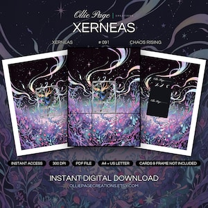 Xerneas 091/086 collector bundle — extended binder page plus 8x10 full-art and PSA framed prints in a Vibrant cosmic garden with bioluminescent flora, swirling rainbow ribbons, starlit dark sky, and ethereal pink-purple gradient atmosphere., printabl