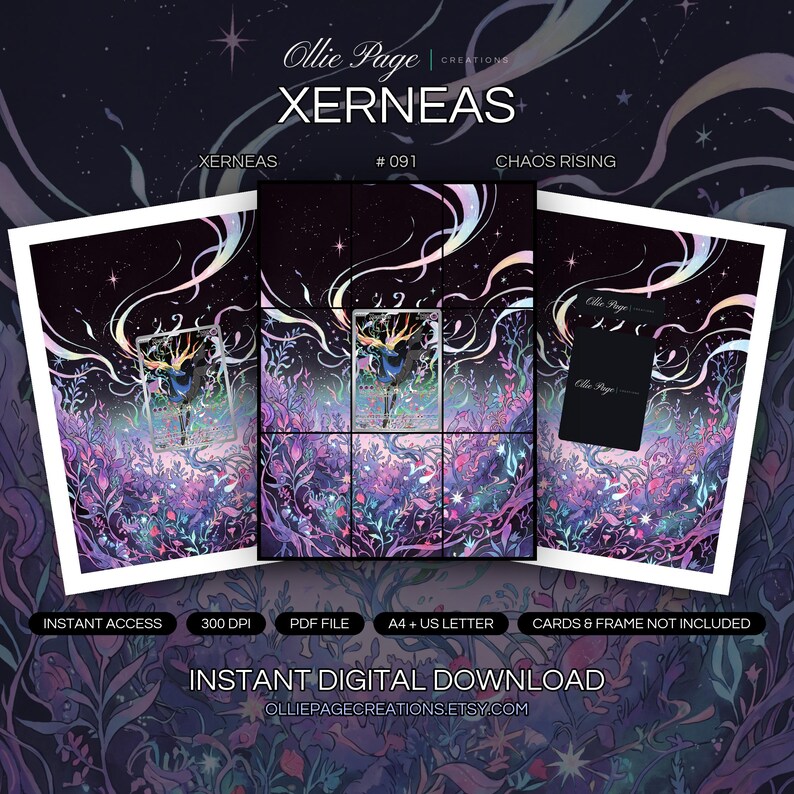 Xerneas 091/086 collector bundle — extended binder page plus 8x10 full-art and PSA framed prints in a Vibrant cosmic garden with bioluminescent flora, swirling rainbow ribbons, starlit dark sky, and ethereal pink-purple gradient atmosphere., printabl
