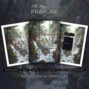 Fraxure 077/064 collector bundle — extended binder page plus 8x10 full-art and PSA framed prints in a Lush forest waterfall landscape with cascading white water, misty atmosphere, vibrant green canopy, rainbow mist, and dramatic natural lighting thro