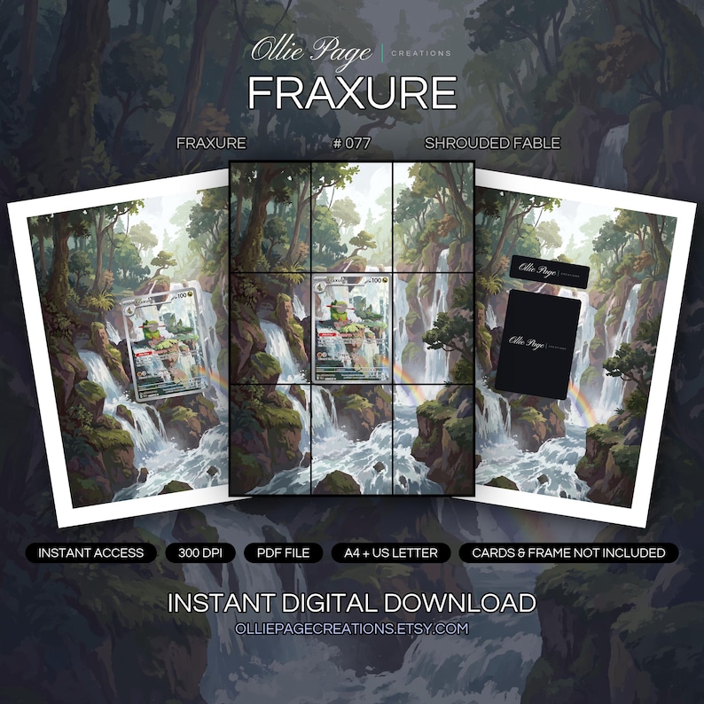 Fraxure 077/064 collector bundle — extended binder page plus 8x10 full-art and PSA framed prints in a Lush forest waterfall landscape with cascading white water, misty atmosphere, vibrant green canopy, rainbow mist, and dramatic natural lighting thro