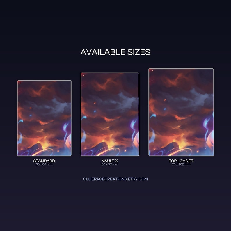 Katress extended binder art size guide showing Standard, Vault X, and Top Loader printable card sleeve dimensions
