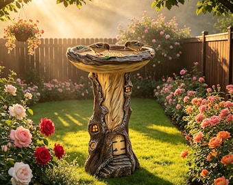 Mangiatoia per uccelli a forma di tronco d'albero per casette delle fate, vasca per uccelli da giardino stravagante, scultura magica a forma di casa sull'albero nel bosco, decorazione artistica incantata per il giardino.