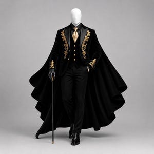 May include: A black velvet suit featuring a long cape, gold floral embroidery on the lapels and cuffs, a matching vest with gold buttons, a gold necktie, and black trousers. A black walking cane with a gold handle is held in one hand.