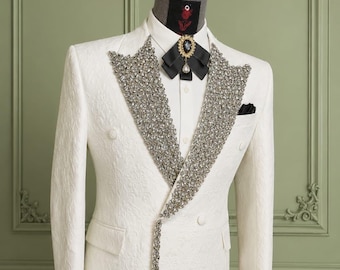 White Jacquard Blazer for Men, Crystal Beaded Peak Lapel Jacket, Double Breasted Wedding Groom Suit, Custom Made,