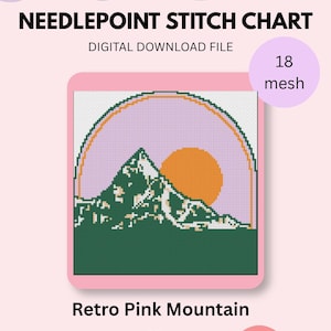 May include: A needlepoint stitch chart digital download file featuring a pixelated mountain landscape with a green base, white snow-capped peaks, and a large orange sun set against a light purple sky, labeled 18 mesh and Retro Pink Mountain.