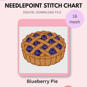 Puede incluir: Un archivo de descarga digital de un gráfico de punto de aguja con un diseño pixelado de tarta de arándanos. El gráfico muestra una corteza dorada con una parte superior de celosía y bayas azul oscuro. El texto dice NEEDLEPOINT STITCH CHART, DIGITAL DOWNLOAD FILE, 18 mesh y Blueberry Pie.