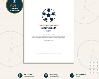 2026 World Football Championship Team Guide Printable PDF | 48 Teams 12 Groups Profiles & Blank Tables | Soccer Printable