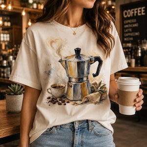 Puede incluir: Una camiseta de manga corta color hueso con un gráfico estilo acuarela de una cafetera italiana, una taza de café pequeña y granos de café dispersos. El diseño incluye tonos suaves de marrón y azul con vapor en forma de corazón.