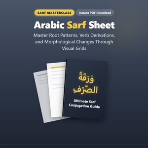 May include: A dark blue educational guide titled Arabic Sarf Sheet with the subtitle Master Root Patterns, Verb Derivations, and Morphological Changes Through Visual Grids. The cover features the text Ultimate Sarf Conjugation Guide in white.