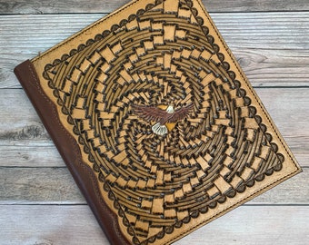 Eagle Weaving Leather Journal, Carved Journal, Leather Tooling Journal, Skeuomorphic Carving, Eagle Journal