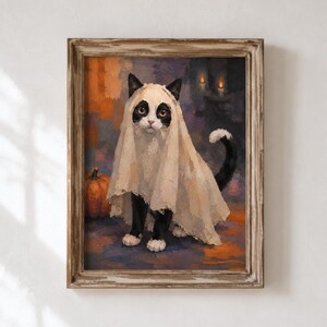 Halloween Printable wall art Tuxedo Cat in Ghost costume, cute fall deco spooky season print Vintage Portrait Autumn poster Digital Painting
