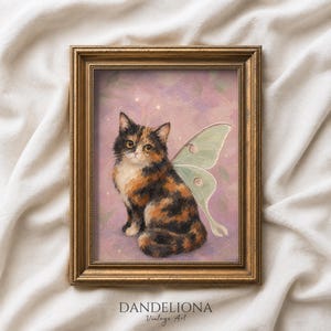 Vintage Calico Cat Printable Wall Art, Whimsical Cat Painting, Magic Cottagecore Kitty Portrait, Fantasy Forest Print, Fairycore Cozy Poster