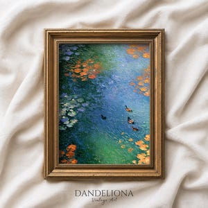 Puede incluir: Una pintura al óleo en un marco dorado ornamentado que representa un estanque con patos nadando entre nenúfares naranjas y verdes. El agua presenta pinceladas texturizadas en tonos azules y verdes, con pequeños patos flotando en la superficie.