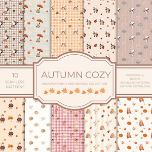 Autumn Cozy Seamless Patterns Collection, Snoopy Fall Pattern Bundle, Peanut Halloween and Thanksgiving cute animals Scrapbook Backgrounds