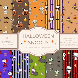 Puede incluir: Una colección digital de 10 patrones de Halloween sin costuras con Snoopy y Woodstock en varios disfraces como fantasmas, momias, vampiros y brujas. Los diseños incluyen calabazas, dulces, murciélagos, calderos y textos como BOO y TRICK OR TREAT.