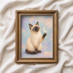 Siamese Cat Printable Wall Art, Moon Vintage Magic Cat Painting, Beautiful Kitty Portrait, Fantasy whimsical Print, Fairycore Poster decor
