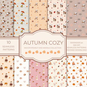 Puede incluir: Una colección de diez patrones digitales sin costuras con Snoopy, hojas de otoño, calabazas, setas y animales del bosque en tonos otoñales. El texto central dice AUTUMN COZY SNOOPY/PEANUT AND ANIMALS COLLECTION.