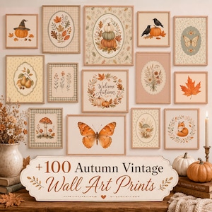 Puede incluir: Una colección de láminas de arte mural enmarcadas con temas otoñales que incluyen calabazas, setas, zorros, mariposas y flores, con un cartel en primer plano que dice +100 Autumn Vintage Wall Art Prints.