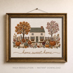 Affiche murale imprimable « Home Sweet Home » : Impression vintage style cottagecore, décoration d'automne, textile, fleurs d'automne, téléchargement numérique