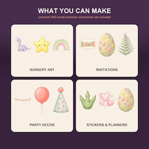 May include: A digital graphic display titled WHAT YOU CAN MAKE with four sections showing watercolor illustrations. Sections include NURSERY ART with a dinosaur, star, and rainbow; INVITATIONS with a RAWR bubble, egg, and fern; PARTY DECOR with bunting, balloon, and party hat; and STICKERS & PLANNERS with a footprint, hearts, and egg.